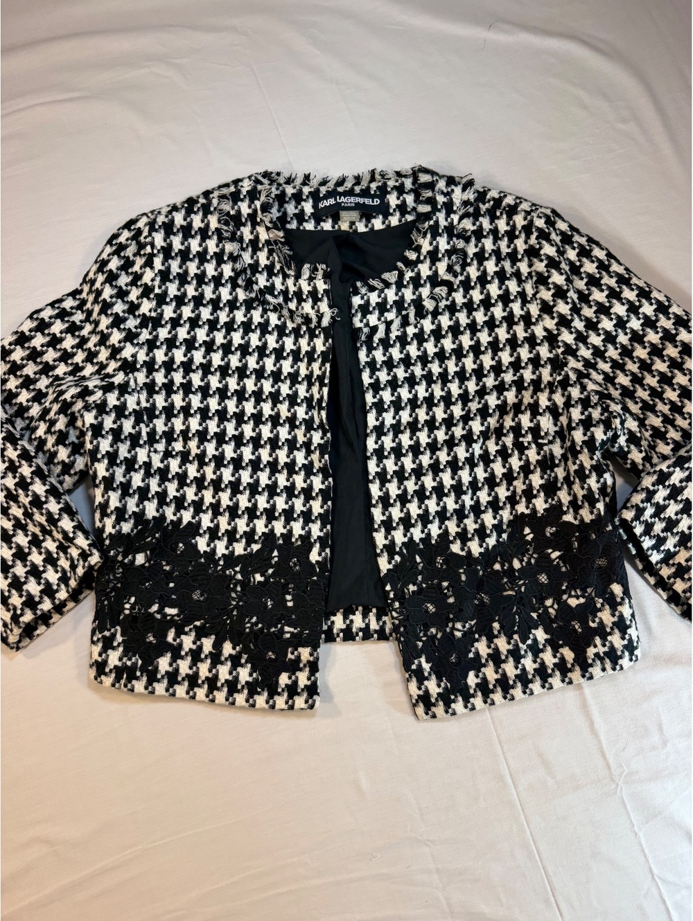 Karl Lagerfeld Paris Black and White Houndstooth Jacket with Lace Detail